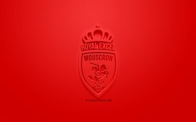 Royal Excel Mouscron, creative 3D logo, red background, 3d emblem, Belgian football club, Jupiler Pro League, Mouscron, Belgium, Belgian First Division A, 3d art, football, stylish 3d logo