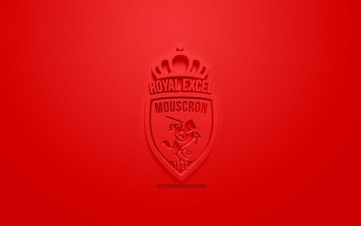 Royal Excel-Mouscron, luova 3D logo, punainen tausta, 3d-tunnus, Belgian football club, Jupiler Pro League, Mouscron, Belgia, Belgian Ensimm&#228;inen Jako, 3d art, jalkapallo, tyylik&#228;s 3d logo