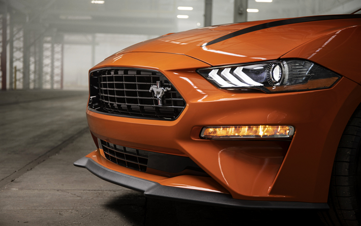 Ford Mustang, 2020, framifr&#229;n, nya orange Mustang, sport coupe, amerikanska sportbilar, Ford
