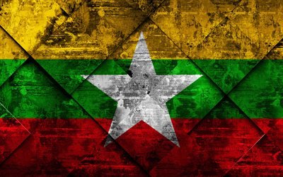 Flag of Myanmar, 4k, grunge art, rhombus grunge texture, Myanmar flag, Asia, national symbols, Myanmar, creative art