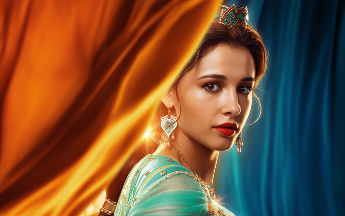 Aladdin, 2019, Princesa Jasmine, 4k, promo, cartaz, personagens principais, Naomi Scott