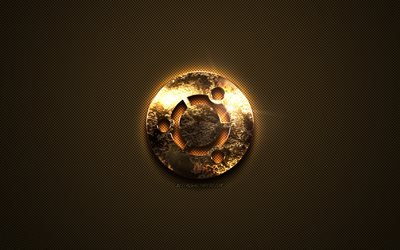 Ubuntu gold logo, creative art, gold texture, brown carbon fiber texture, Ubuntu gold emblem, Ubuntu