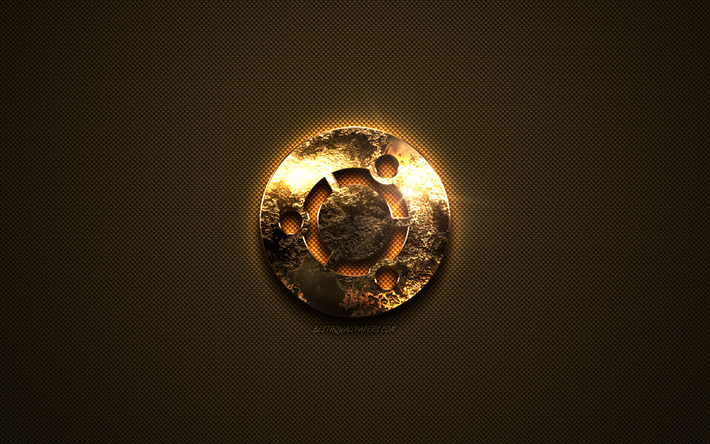 Ubuntu gold-logotypen, kreativ konst, guld konsistens, brun kolfiber konsistens, Ubuntu guld emblem, Ubuntu