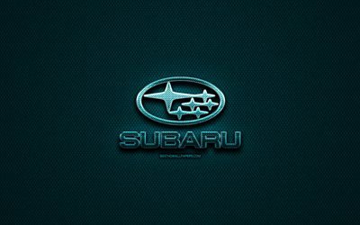 Subaru glitter logo, cars brands, creative, blue metal background, Subaru logo, brands, Subaru