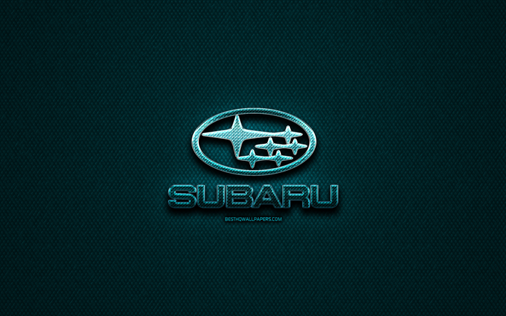 Subaru glitter logo, cars brands, creative, blue metal background, Subaru logo, brands, Subaru