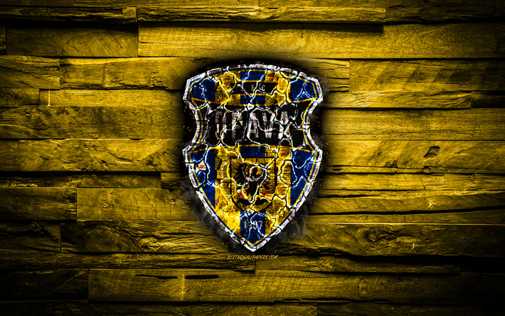 Opava FC, burning logo, Czech First League, yellow wooden background, czech football club, SFC Opava, grunge, football, soccer, Opava logo, Czech Republic