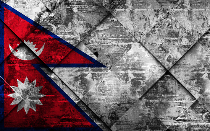flagge von nepal, 4k, grunge, kunst, rhombus grunge-textur, nepal flagge, asien, nationale symbole, nepal, kreative kunst