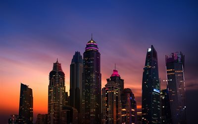 4k, Dubai Marina, sunset, modern buildings, cityscapes, skyscrapers, Dubai, United Arab Emirates, UAE