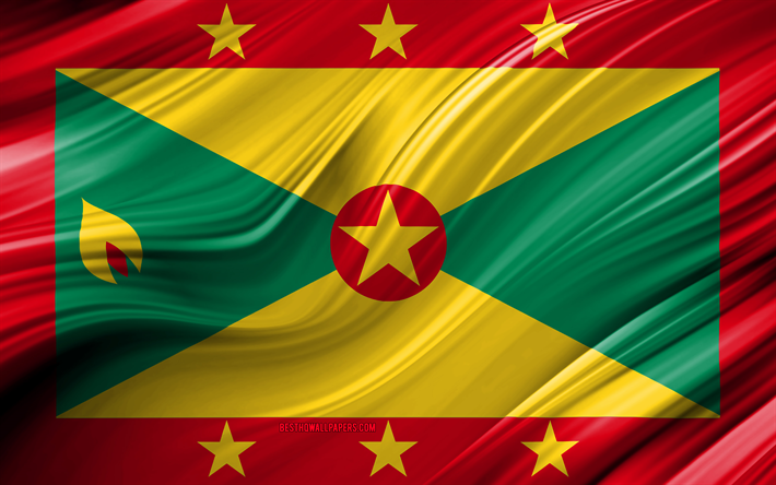 Grenada, ulusal semboller, Grenada 3D bayrak, sanat, Kuzey Amerika, Grenada 4k, Grenada bayrağı, Kuzey Amerika &#252;lkeleri, 3D dalgalar Bayrağı