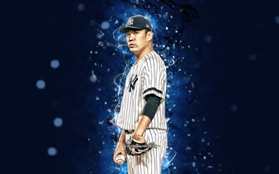 Masahiro Tanaka, 4k, MLB, Nova York Yankees, jarro, beisebol, Vermelho Trov&#227;o, Major League Baseball, luzes de neon, Masahiro Tanaka Nova York Yankees, Masahiro Tanaka 4K, NY Yankees