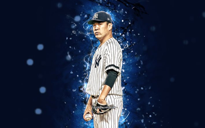 Masahiro Tanaka, 4k, HABERLER, New York Yankees, s&#252;rahi, beyzbol, Red Thunder, Major League Baseball, neon ışıkları, Masahiro Tanaka New York Yankees, Masahiro Tanaka 4K, NY Yankees