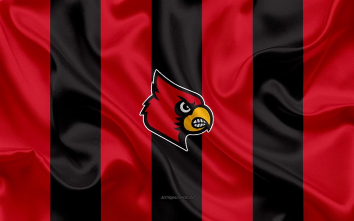 Louisville Cardinals, American football team, emblem, silk flag, red-black silk texture, NCAA, Louisville Cardinals logo, Louisville, Kentucky, USA, American football
