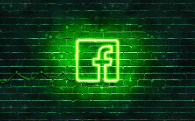 Facebook logo vert, 4k, vert brickwall, Facebook logo, les r&#233;seaux sociaux, Facebook n&#233;on logo Facebook