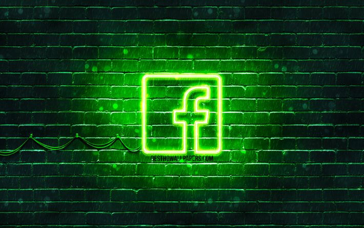 Facebookグリーン-シンボルマーク, 4k, 緑brickwall, Facebookマーク, 社会的ネットワーク, Facebookネオンのロゴ, Facebook