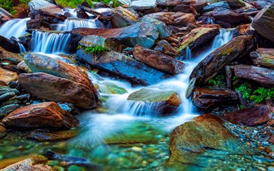 Bhagsu, 4k, beautiful nature, river, stream of water, stones, Mcleodganj, India, Asia