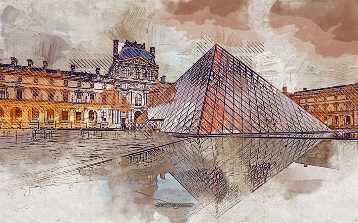 Louvre Museum, Paris, France, grunge art, creative art, painted Louvre Museum, drawing, Louvre Museum abstraction, digital art, painted Paris