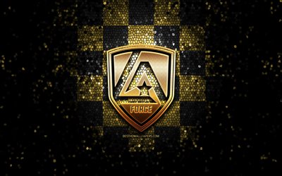 Los Angeles Force FC, glitter logo, NISA, brown black checkered background, USA, american soccer team, Chattanooga, mosaic art, Los Angeles Force logo, soccer, football, America, LA Force