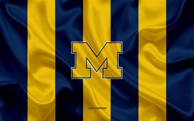 Michigan Wolverines, Time de futebol americano, emblema, seda bandeira, amarelo-azul de seda textura, NCAA, Michigan Wolverines logotipo, Michigan, EUA, Futebol americano, Universidade de Michigan
