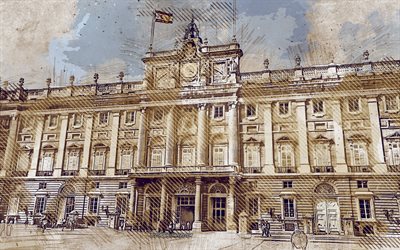 Madrid Palace, Espanja, grunge art, creative art, maalattu Palace Madrid, piirustus, Madrid Palace abstraktio, digitaalista taidetta, Royal Palace of Madrid