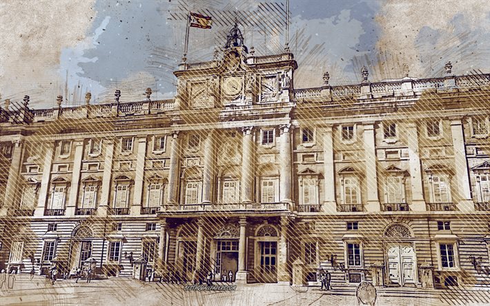 Madrid Palace, Spain, grunge art, creative art, painted Madrid Palace, drawing, Madrid Palace abstraction, digital art, Royal Palace of Madrid