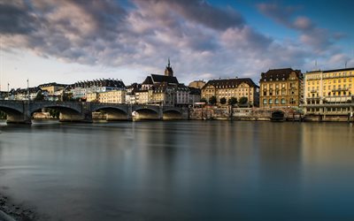 Basel, 4k, Middle Bridge, cityscapes, swiss cities, Switzerland, Europe, Basel in evening