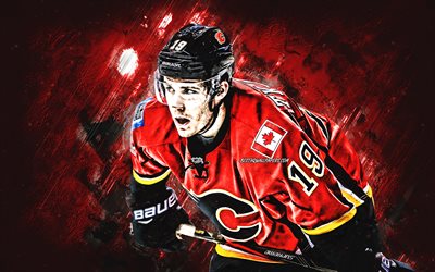 Matthew Tkachuk, Calgary Flames, NHL, amerikansk sk&#229;despelare, portr&#228;tt, r&#246;da sten bakgrund, hockey, National Hockey League