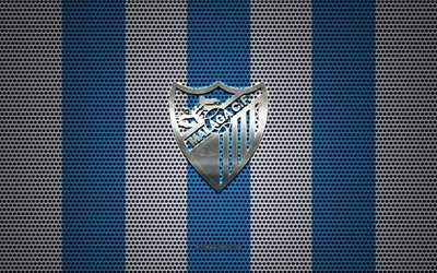 Malaga CF logo, Spanish football club, metal emblem, blue and white metal mesh background, Malaga CF, Segunda, Malaga, Spain, football
