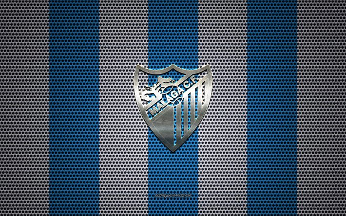 M&#225;laga CF logotipo, Clube de futebol espanhol, emblema de metal, a azul e a branca da malha do metal de fundo, M&#225;laga CF, Segunda, Malaga, Espanha, futebol