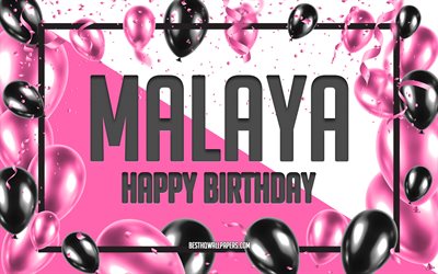 お誕生日おめでマラヤ, お誕生日の風船の背景, マラヤ, 壁紙名, マラヤお誕生日おめで, ピンク色の風船をお誕生の背景, ご挨拶カード, マラヤ誕生日
