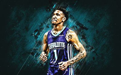 Malik Monk, NBA, Charlotte Hornets, blue stone background, American Basketball Player, portrait, USA, basketball, Charlotte Hornets players