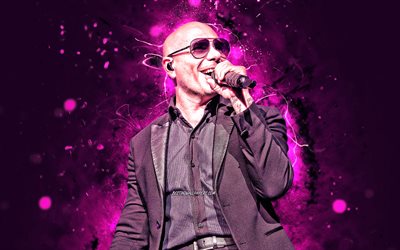 Pitbull, 4k, rapero americano, estrellas de la m&#250;sica, concierto, Armando Christian P&#233;rez Acosta, american celebridad, Pitbull con micr&#243;fono, p&#250;rpura luces de ne&#243;n, creativo, Pitbull 4K
