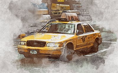 New York City Taxi, Manhattan, keltainen taksi, grunge art, maalattu taksi, grunge taksi, New York, USA
