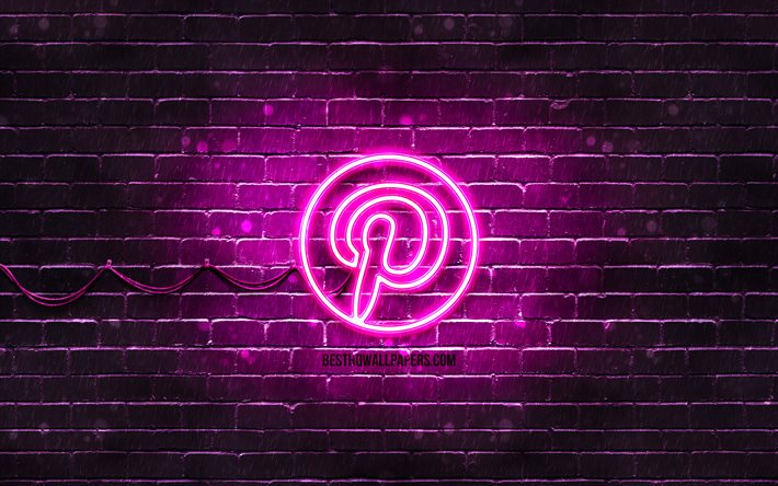 Pinterest lila logotyp, 4k, lila brickwall, Pinterest logotyp, sociala n&#228;tverk, Pinterest neon logotyp, Pinterest