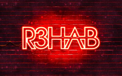 R3hab red logo, 4k, superstars, dutch DJs, red brickwall, R3hab logo, Fadil El Ghoul, R3hab, music stars, R3hab neon logo