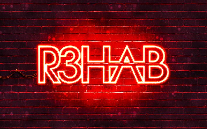 R3hab kırmızı logo, 4k, superstars, Hollandalı DJ&#39;ler, kırmızı brickwall, R3hab logo, Fadil El Ghoul, R3hab, m&#252;zik yıldızları, R3hab neon logo