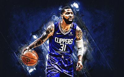 Marcus Morris Sr, NBA, Los Angeles Clippers, blue stone background, American Basketball Player, portrait, USA, basketball, Los Angeles Clippers players, Marcus Morris