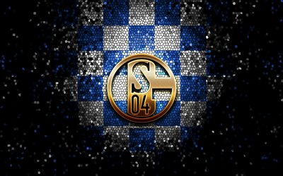 Schalke 04 FC, glitter logo, Bundesliga, blue white checkered background, soccer, FC Schalke 04, german football club, Schalke 04 logo, mosaic art, football, Germany