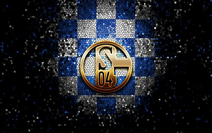 O Schalke 04 FC, glitter logotipo, Bundesliga, azul, branca, fundo quadriculado, futebol, O FC Schalke 04, alem&#227;o clube de futebol, O Schalke 04 logotipo, arte em mosaico, Alemanha