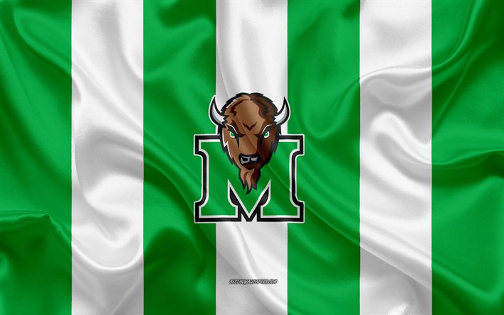 Marshall Thundering Herd, American football team, emblem, silk flag, green and white silk texture, NCAA, Marshall Thundering Herd logo, Huntington, West Virginia, USA, American football
