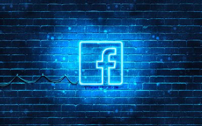 Facebook logo bleu, 4k, bleu brickwall, Facebook logo, les r&#233;seaux sociaux, Facebook n&#233;on logo Facebook