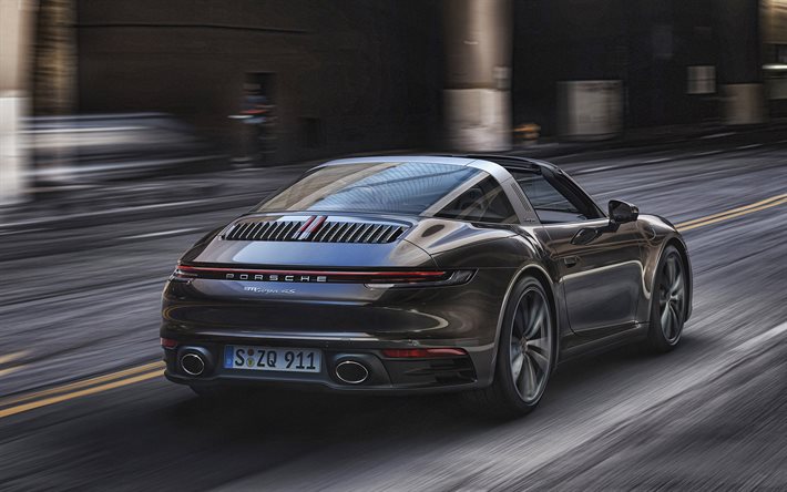 Porsche 911 Targa 4S, 2020, takaa katsottuna, ulkoa, urheilu coupe, uusi harmaa 911 Targa 4S, saksan urheilu autoja, Porsche