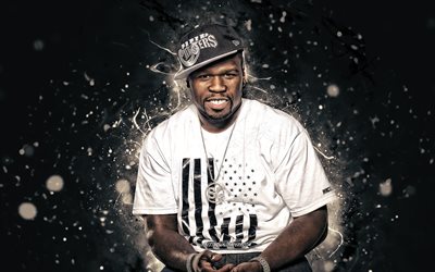 50 Cent, 4k, amerikansk rappare, musik stj&#228;rnor, vit neon lights, Curtis Jackson, amerikansk k&#228;ndis, fan art, kreativa, 50 Procent 4K