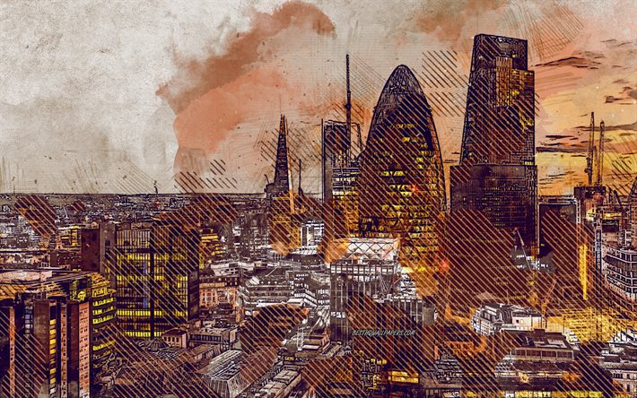 Londra, Inghilterra, grunge, arte, 30 St Mary axe grunge, creativo, dipinto di Londra, di disegno, di Londra, arte digitale, cityscape