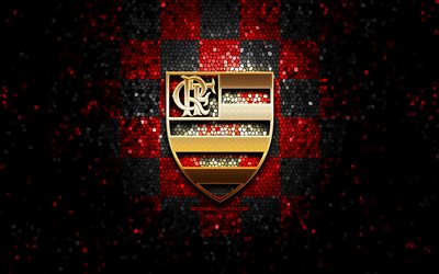 Flamengo FC, glitter logo, Serie A, red black checkered background, soccer, CR Flamengo, brazilian football club, Flamengo logo, mosaic art, football, Brazil, Flamengo RJ