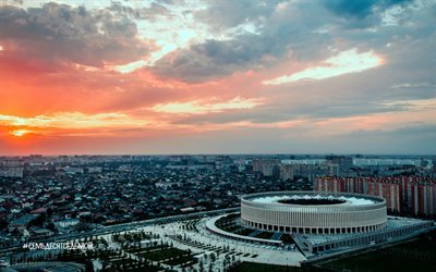 Krasnodar, evening, sunset, city panorama, Krasnodar Stadium, Russia, 2018 World Cup, new stadium, sports arena, Krasnodar FC