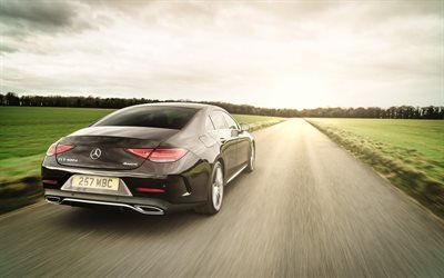 Mercedes-Benz CLS, AMG, 2018, exterior, rear view, black sports sedan, new black CLS, German cars