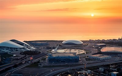 Fisht Olympic Stadium, Sochi, Olympic Park, Russia, sports arenas, stadiums, evening, sunset, modern sports buildings, Black Sea