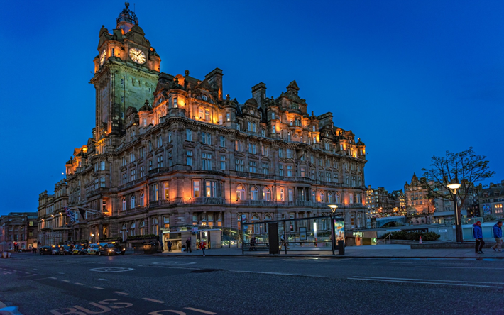 Edinburgh, akşam, Balmoral Hotel, G&#252;n batımı, g&#252;zel Eski bina, İsko&#231;ya, Birleşik Krallık