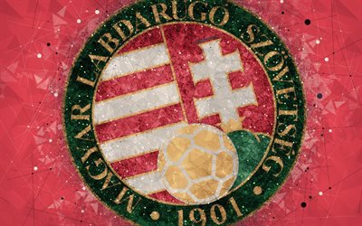 Macaristan Milli Futbol Takımı, 4k, geometrik sanat, logo, kırmızı, soyut, arka plan, UEFA, amblem, Macaristan, futbol, grunge, stil, yaratıcı sanat