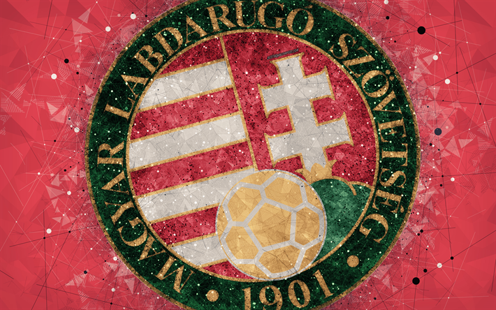 Hungary national football team, 4k, geometric art, logo, red abstract background, UEFA, emblem, Hungary, football, grunge style, creative art